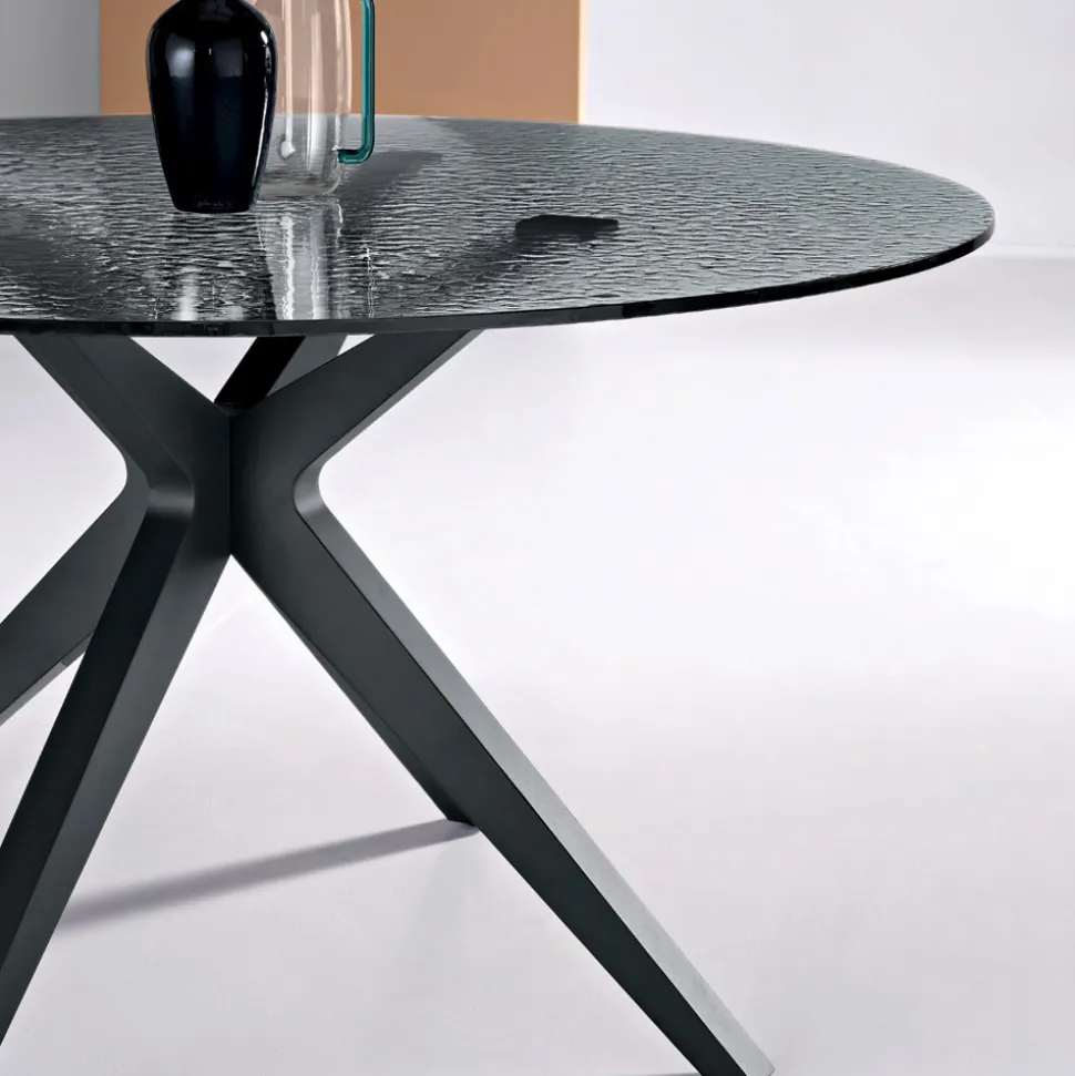 Tavolo Rotondo Diametro 140 cm in Vetro Martellato Fumè e Metallo - Domus