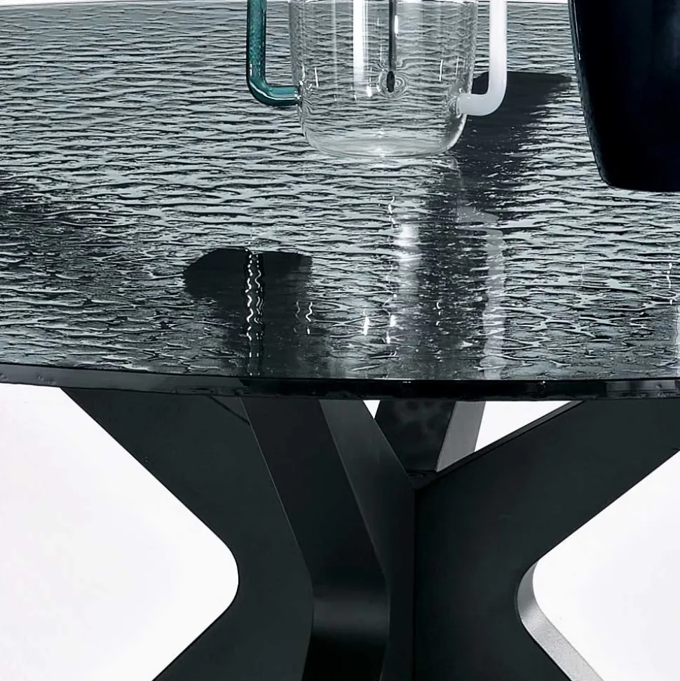 Tavolo Rotondo Diametro 140 cm in Vetro Martellato Fumè e Metallo - Domus