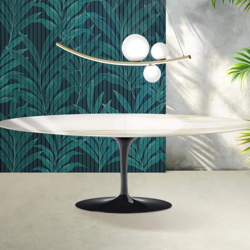 Tavolo Tulip Saarinen H 74 cm Allungabile in Ceramica Florim Calacatta Gold Lucido - Scarlet