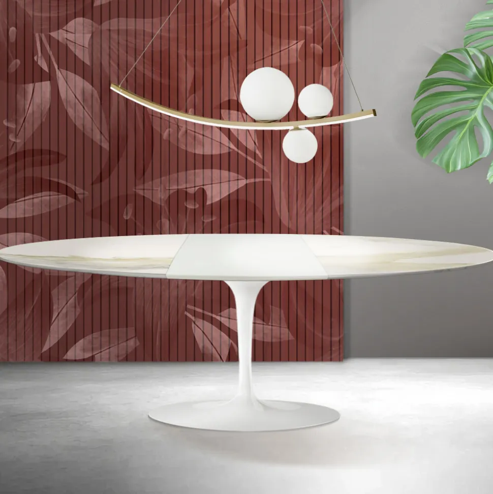Tavolo Tulip Saarinen H 74 cm Allungabile in Ceramica Florim Calacatta Gold Opaco - Scarlet