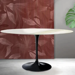 Tavolo Tulip Saarinen H 74 cm Rotondo in Ceramica Florim Calacatta Gold Opaco - Scarlet
