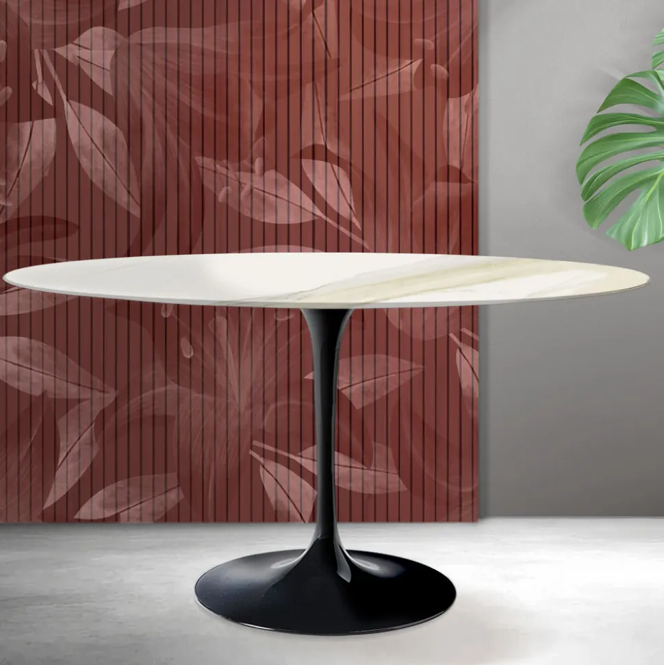 Tavolo Tulip Saarinen H 74 cm Rotondo in Ceramica Florim Calacatta Gold Opaco - Scarlet