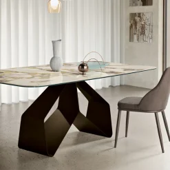 Tavolo 210x110 cm con Piano in Ceramica Effetto Marmo e Base in Metallo - Adriano