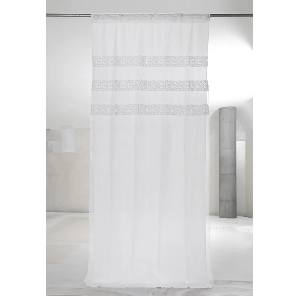 Tenda in Lino Bianco con Organza e Ricamo Design Shabby Made in Italy - Marpessa