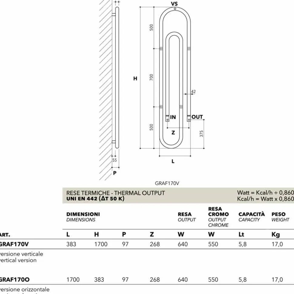 Termoarredo Graffe idraulico, design moderno, made in Italy Scirocco H