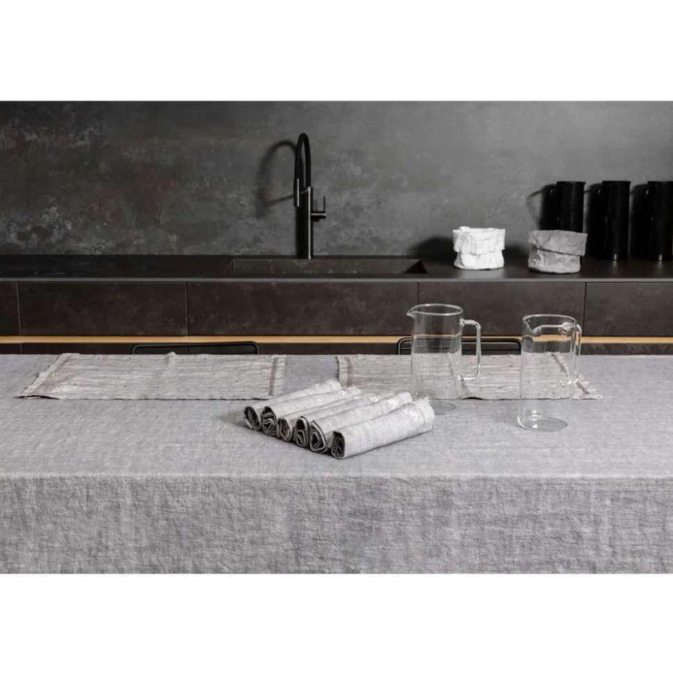 Tovaglia in Lino Antracite e Bordo con Decoro Geometrico, Artigianale - Dippel