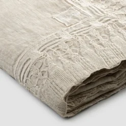 Tovaglia in Lino Beige Rettangolare con Cornice Pizzo Nappine di Lusso - Zippel