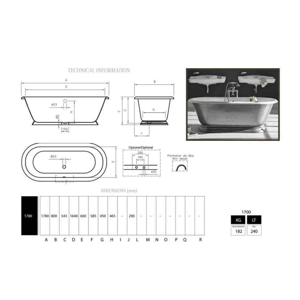 Vasca da bagno in ghisa di design con finitura lucida vintage Pierce