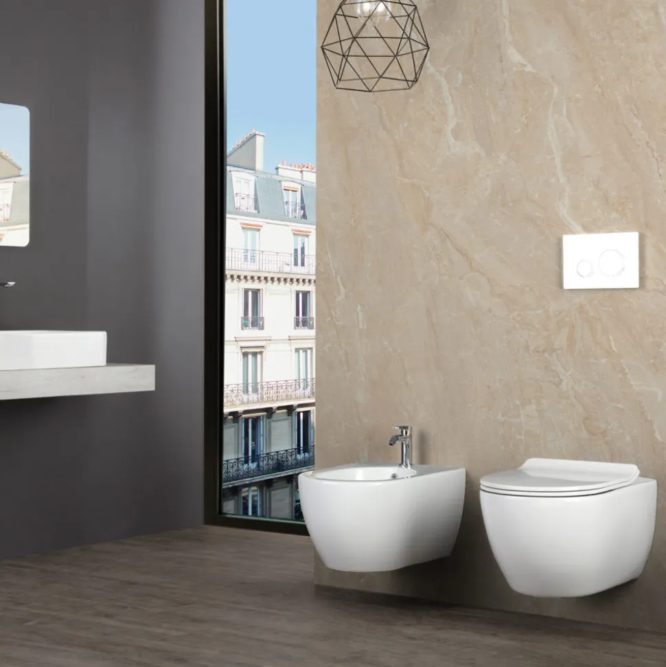 Vaso Wc Rimless Sospeso in Ceramica Bianca con Sedile Soft Close - Aster