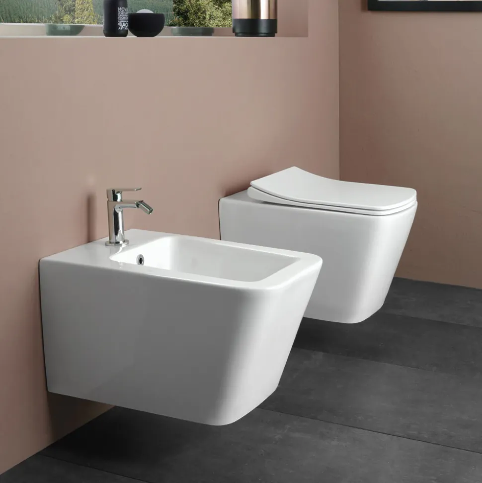 Vaso Wc Sospeso con Sedile Soft Close in Ceramica dal Design Moderno - Giunco