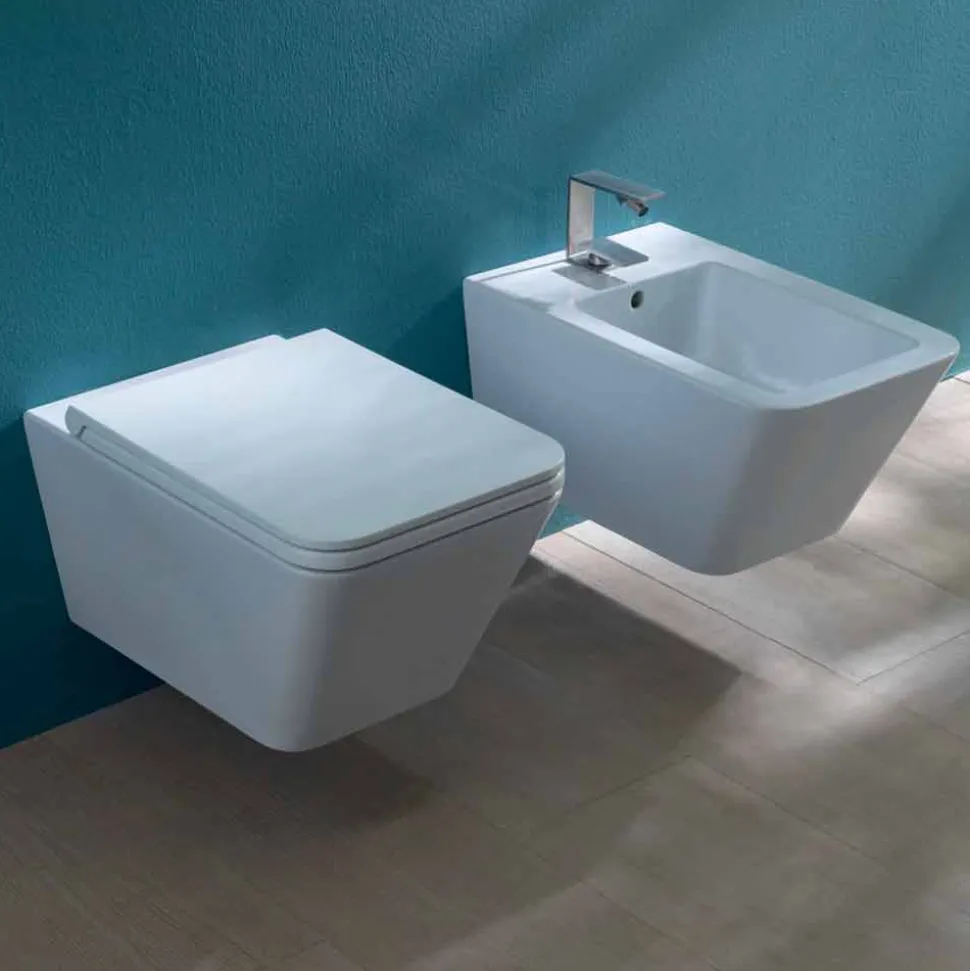 Vaso WC sospeso in ceramica, design moderno, Sun Square made in Italy