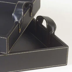 2 vassoi di design in cuoio nero 41x28x5cm e 45x32x6cm Anastasia