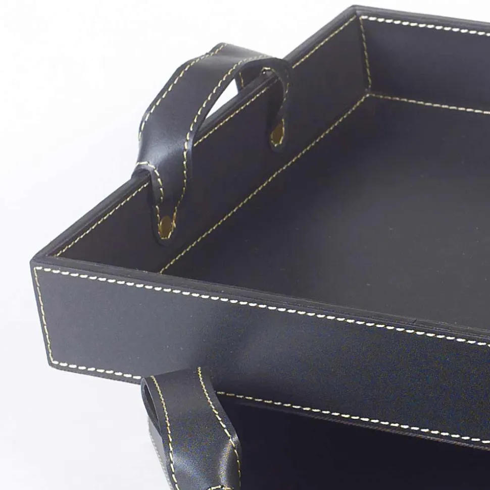 2 vassoi di design in cuoio nero 41x28x5cm e 45x32x6cm Anastasia