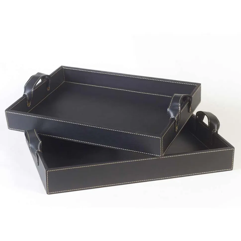 2 vassoi di design in cuoio nero 41x28x5cm e 45x32x6cm Anastasia